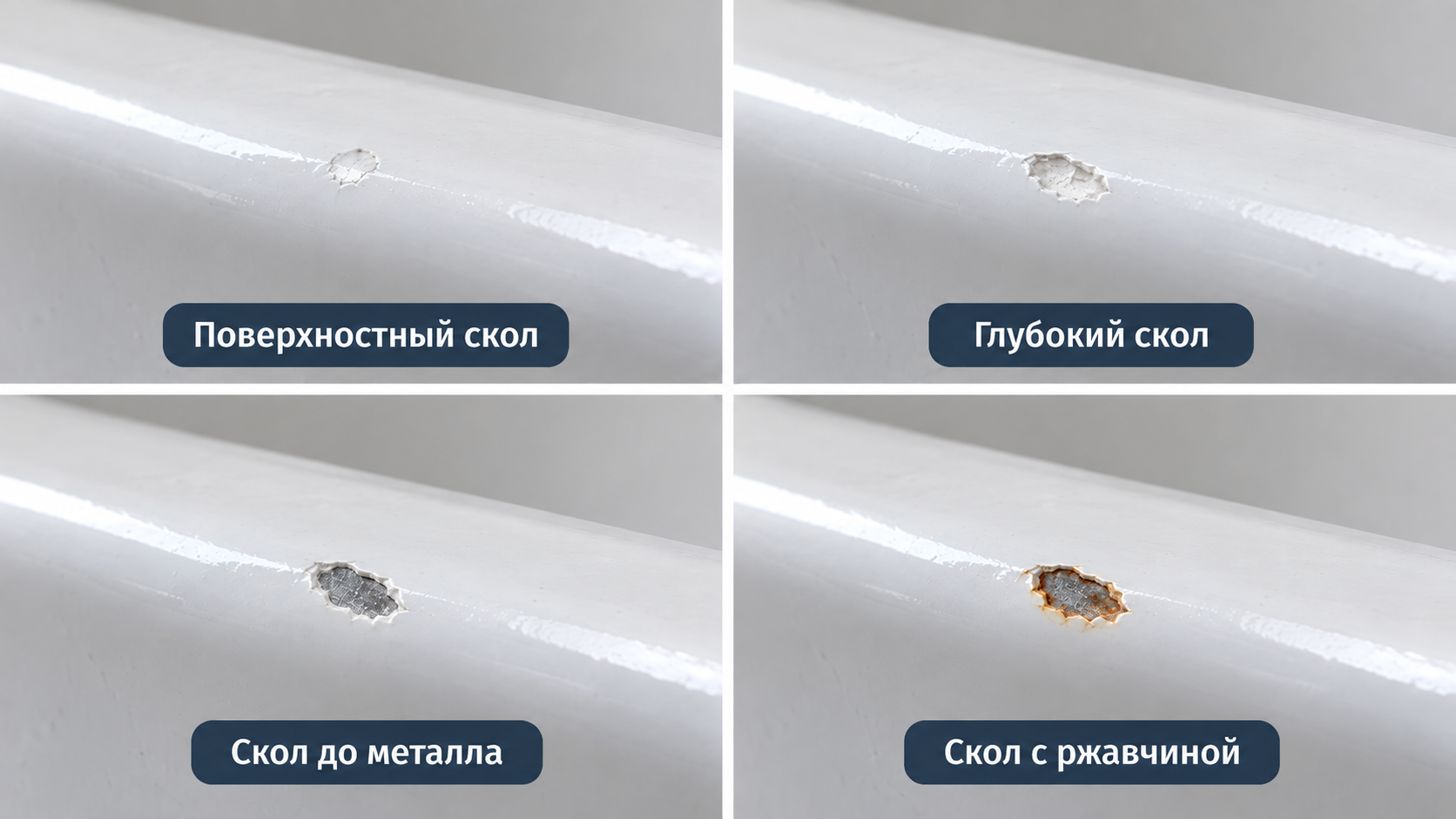 Поверхностный, глубокий скол, скол до металла и скол с ржавчиной на эмалированной ванне